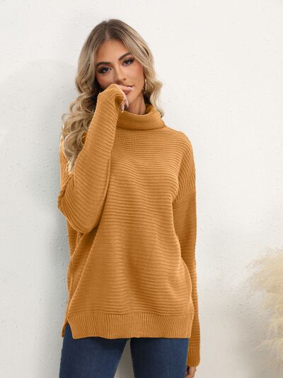 Slit Turtleneck Dropped Shoulder Sweater Trendsi