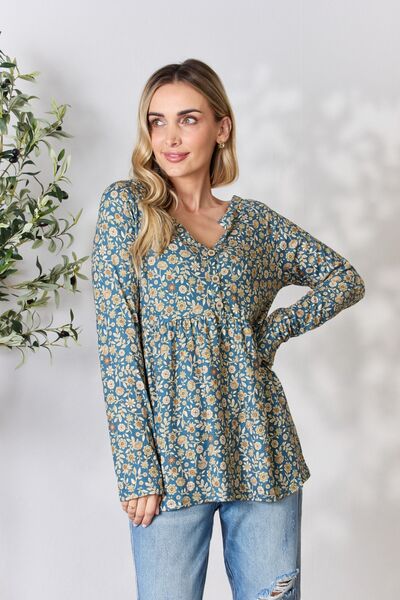 Blue Zone Planet | Heimish Full Size Floral Half Button Long Sleeve Blouse BLUE ZONE PLANET