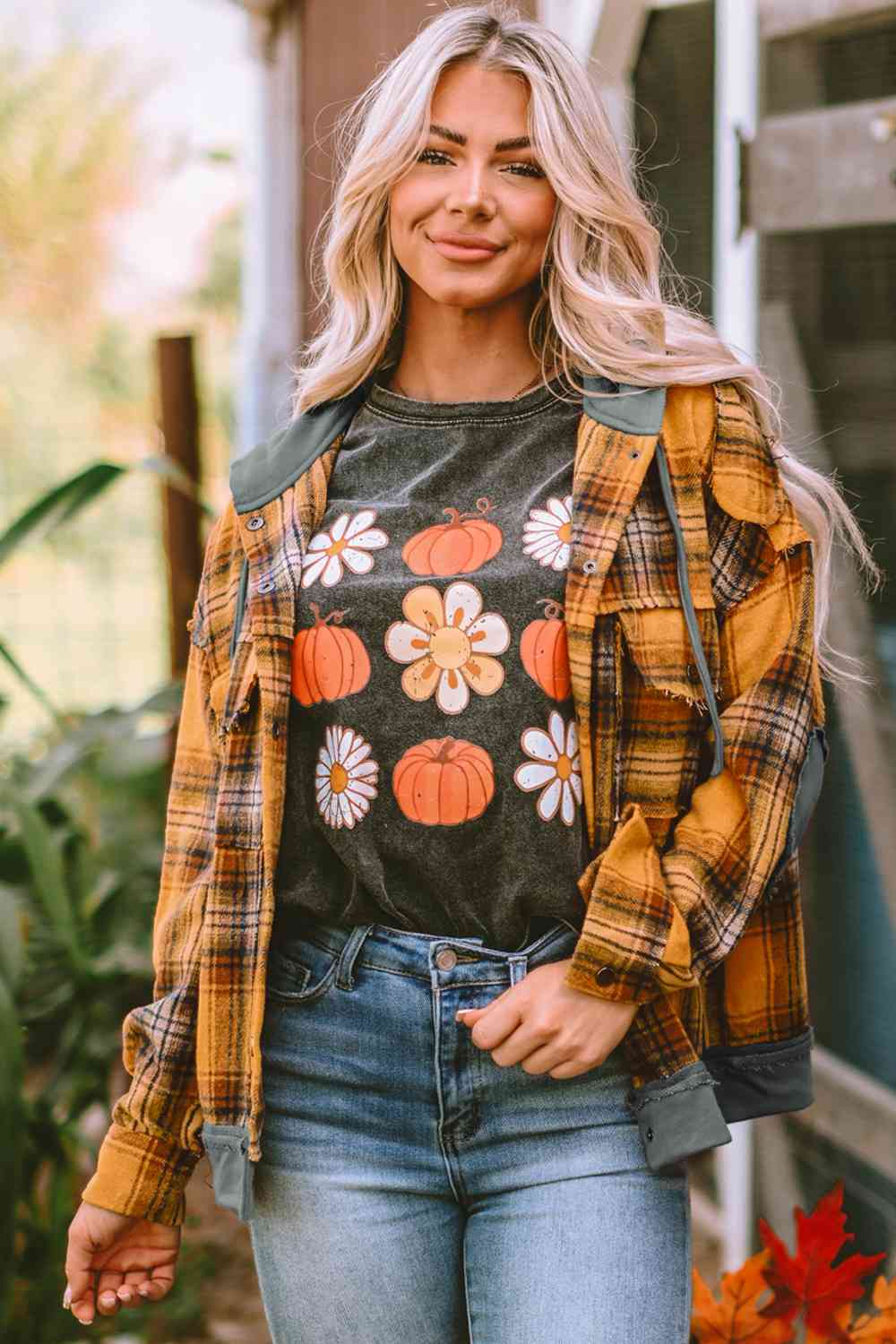 Plaid Hooded Button Front Jacket BLUE ZONE PLANET