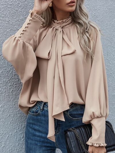 Blue Zone Planet | Tie Neck Lantern Sleeve Blouse BLUE ZONE PLANET
