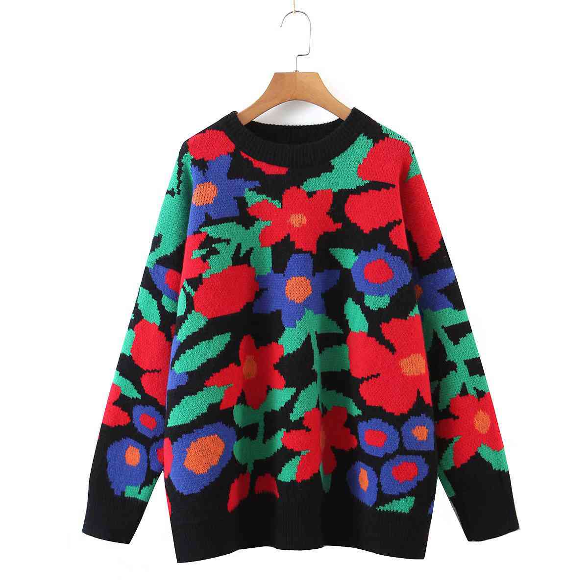 Floral Round Neck Drop Shoulder Sweater BLUE ZONE PLANET