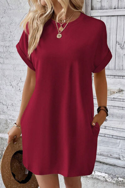 Blue Zone Planet | Pocketed Round Neck Short Sleeve Dress BLUE ZONE PLANET