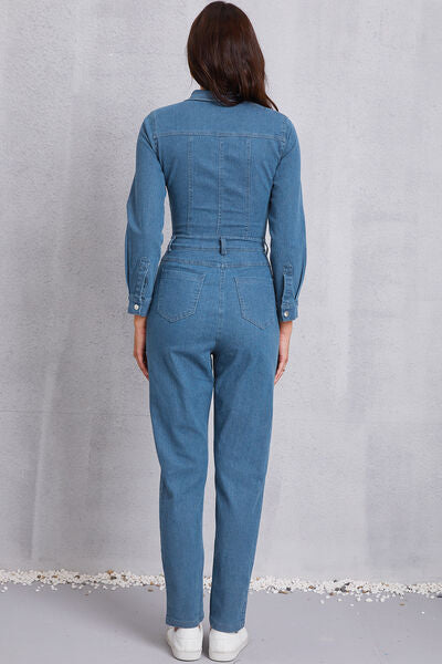Blue Zone Planet |  Snap Down Denim Jumpsuit with Pockets BLUE ZONE PLANET