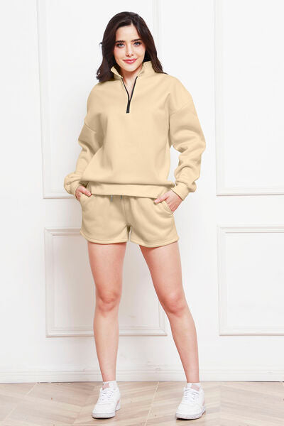 Blue Zone Planet | Half Zip Long Sleeve Sweatshirt and Drawstring Shorts Set BLUE ZONE PLANET