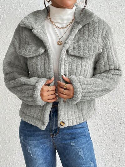 Blue Zone Planet | Fuzzy Button Up Collared Neck Jacket BLUE ZONE PLANET