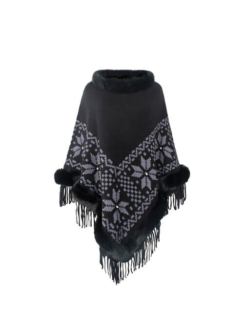Fringe Geometric Cape Sleeve Poncho BLUE ZONE PLANET