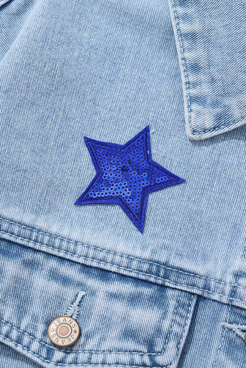 Pocketed Geometric Collared Neck Denim Jacket BLUE ZONE PLANET