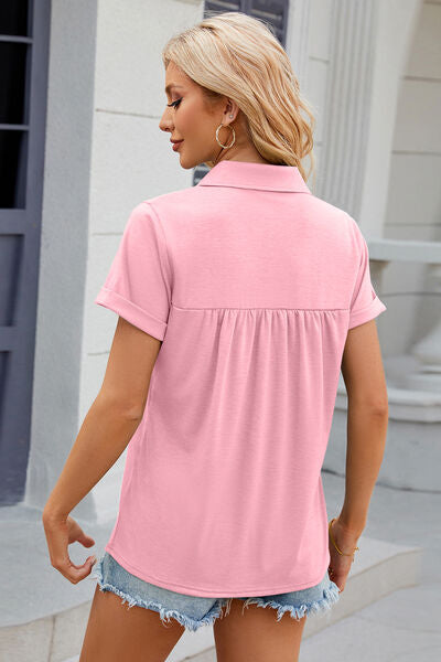 Blue Zone Planet | Ruched Johnny Collar Short Sleeve Blouse BLUE ZONE PLANET