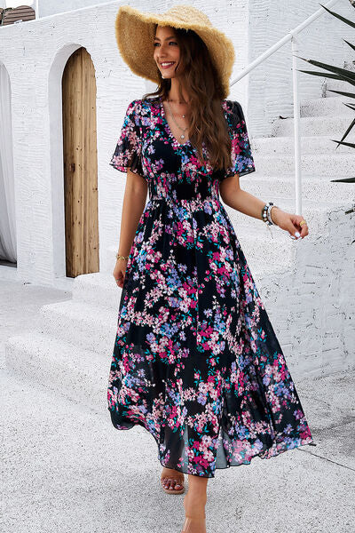 Blue Zone Planet | Smocked Floral V-Neck Short Sleeve Dress BLUE ZONE PLANET