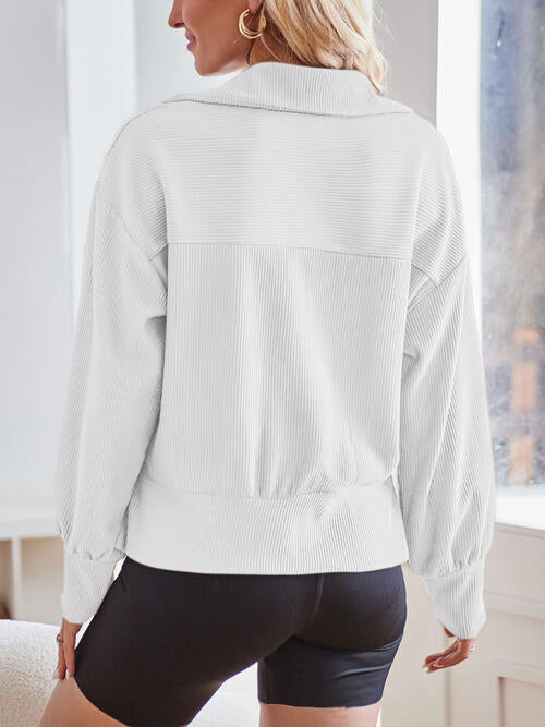 Ribbed Half Zip Collared Neck Sweatshirt BLUE ZONE PLANET