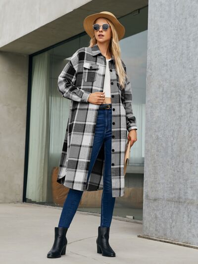 Blue Zone Planet |  Plaid Pocketed Button Up Trench Coat BLUE ZONE PLANET