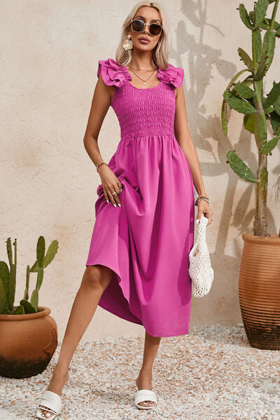 Smocked Ruffled Scoop Neck Midi Dress BLUE ZONE PLANET