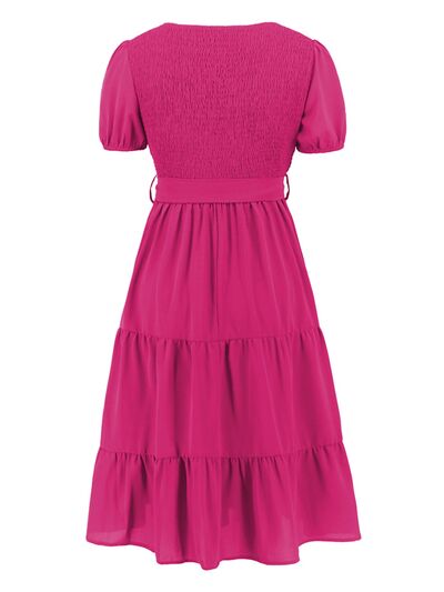 Blue Zone Planet | Smocked Tie Front Short Sleeve Tiered Dress BLUE ZONE PLANET