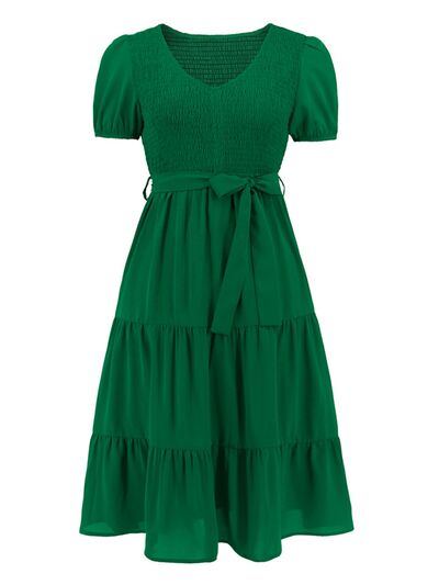 Blue Zone Planet | Smocked Tie Front Short Sleeve Tiered Dress BLUE ZONE PLANET