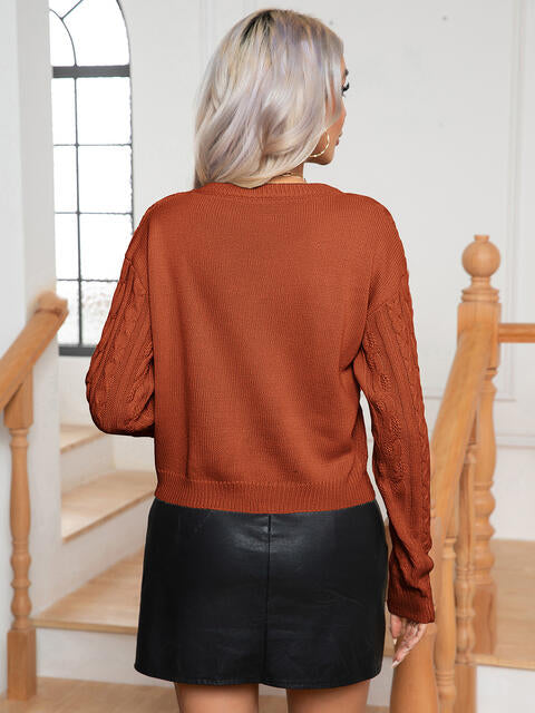 Cable-Knit Round Neck Long Sleeve Sweater BLUE ZONE PLANET