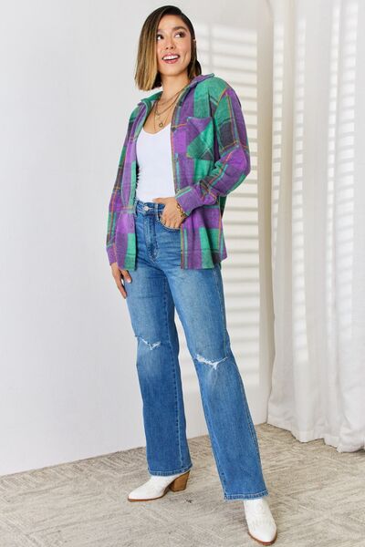 Zenana Plaid Button Up Long Sleeve Shacket BLUE ZONE PLANET
