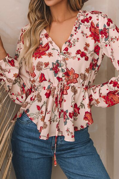 Floral V-Neck Drawstring Peplum Blouse Trendsi