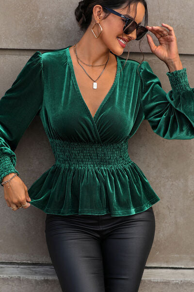 Blue Zone Planet | Smocked Surplice Lantern Sleeve Peplum Blouse BLUE ZONE PLANET