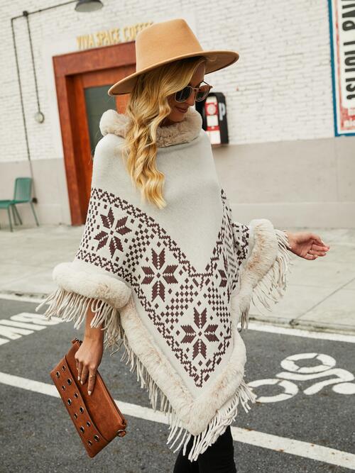 Fringe Geometric Cape Sleeve Poncho BLUE ZONE PLANET