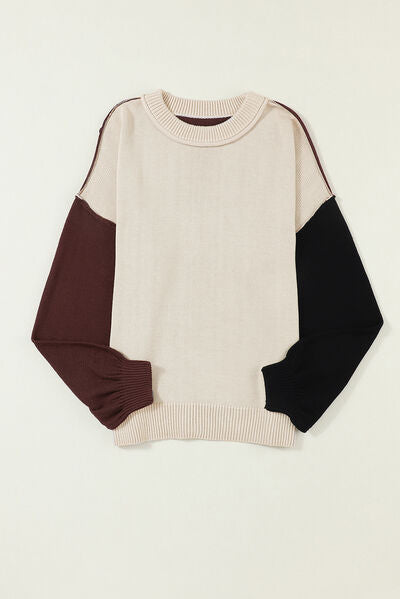 Blue Zone Planet | Contrast Round Neck Dropped Shoulder Sweater BLUE ZONE PLANET