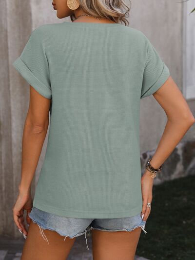 Cable-Knit Round Neck Short Sleeve T-Shirt BLUE ZONE PLANET