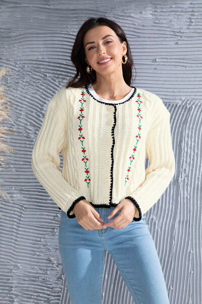Blue Zone Planet | Graphic Cable-Knit Button Up Cardigan BLUE ZONE PLANET