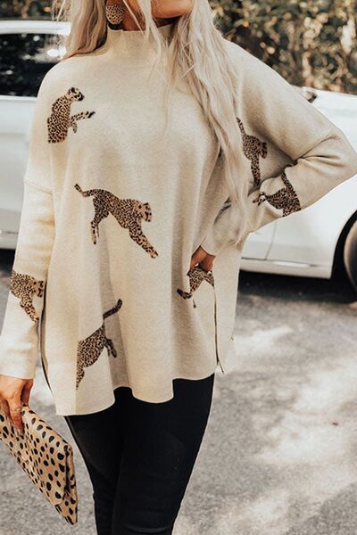 Blue Zone Planet | Animal Pattern Mock Neck Long Sleeve Slit Sweater BLUE ZONE PLANET