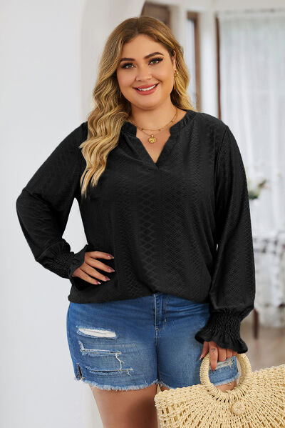 Blue Zone Planet | Plus Size Eyelet Notched Flounce Sleeve Blouse BLUE ZONE PLANET