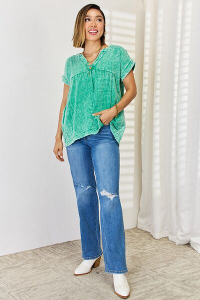 Zenana Washed Raw Hem Short Sleeve Blouse with Pockets BLUE ZONE PLANET