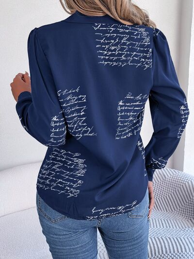Blue Zone Planet | Letter Printed Button Up Long Sleeve Blouse BLUE ZONE PLANET