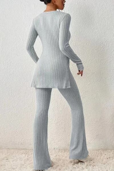 Blue Zone Planet | Ribbed Long Sleeve Slit Top and Bootcut Pants Set BLUE ZONE PLANET
