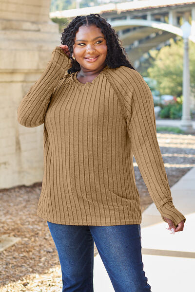 Basic Bae Full Size Ribbed Round Neck Long Sleeve Knit Top BLUE ZONE PLANET