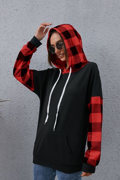 Plaid Drawstring Dropped Shoulder Hoodie BLUE ZONE PLANET
