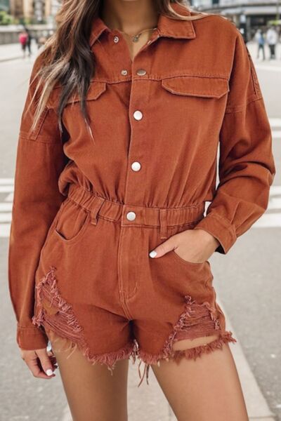 Blue Zone Planet | Distressed Raw Hem Snap Down Romper BLUE ZONE PLANET