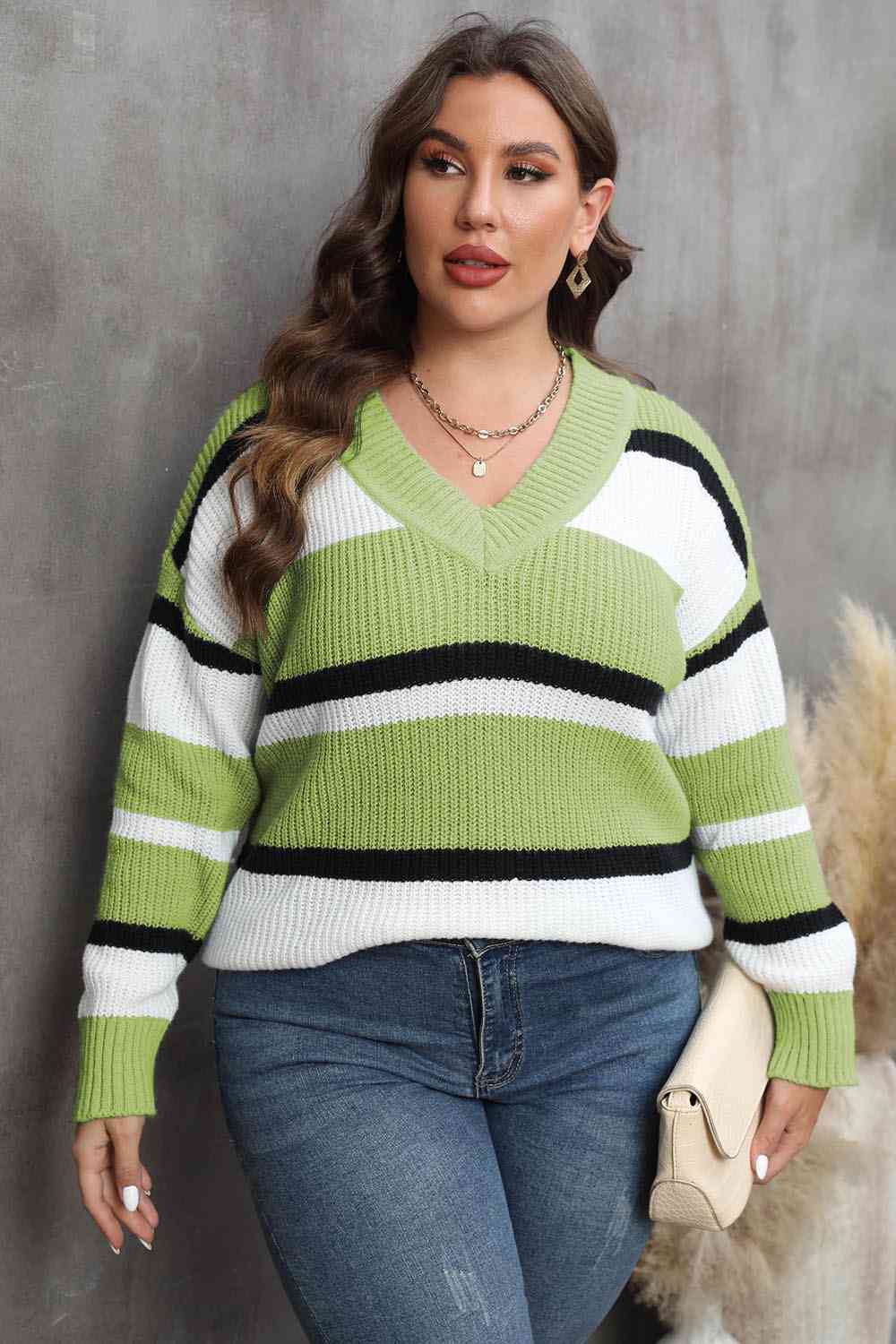 Plus Size Striped V-Neck Dropped Shoulder Sweater BLUE ZONE PLANET