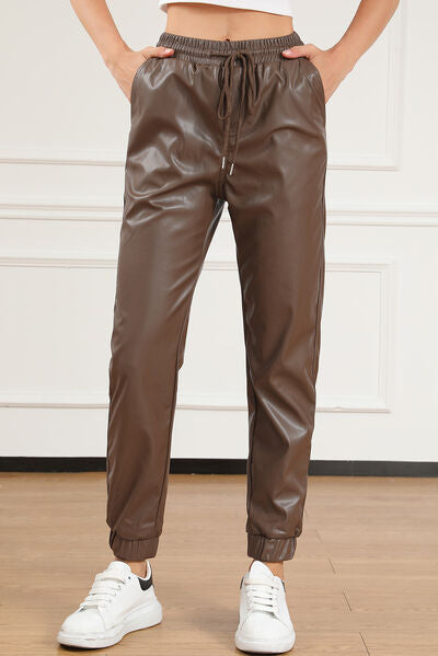 Blue Zone Planet | Drawstring PU Leather Pants BLUE ZONE PLANET