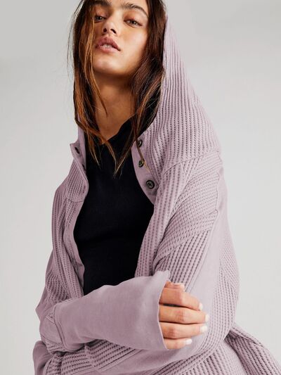 Blue Zone Planet | Waffle-Knit Dropped Shoulder Hooded Jacket BLUE ZONE PLANET