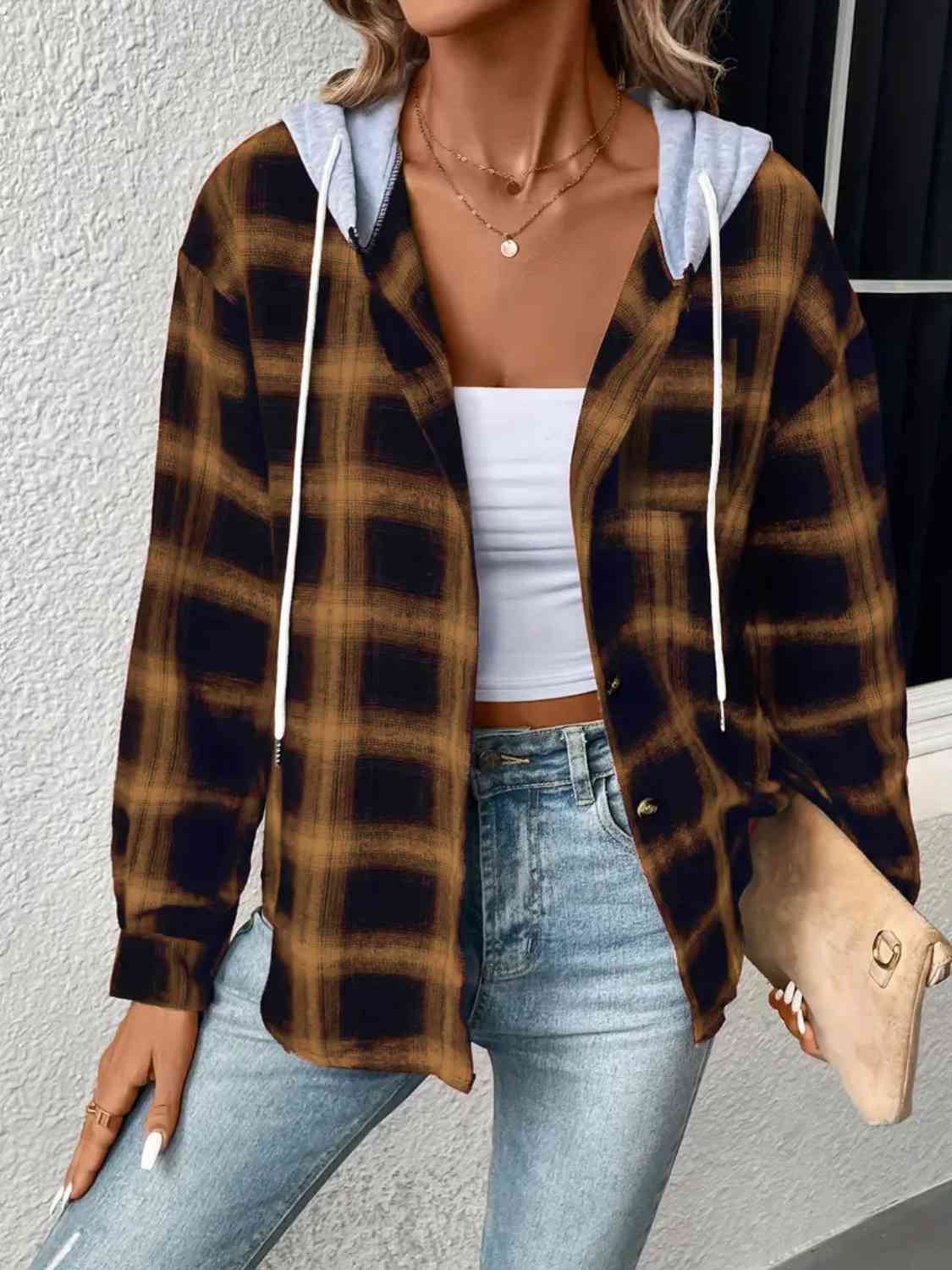 Plaid Drawstring Button Up Hooded Jacket BLUE ZONE PLANET