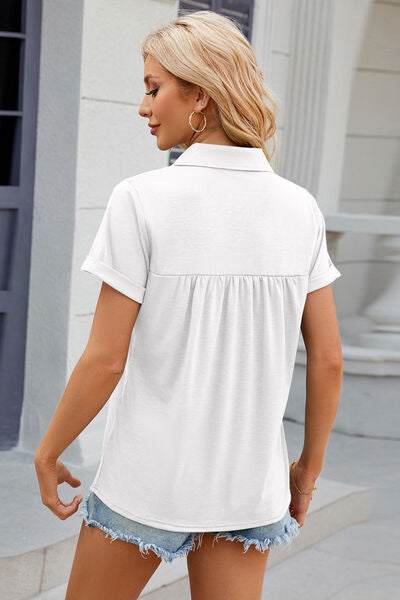 Blue Zone Planet | Ruched Johnny Collar Short Sleeve Blouse BLUE ZONE PLANET
