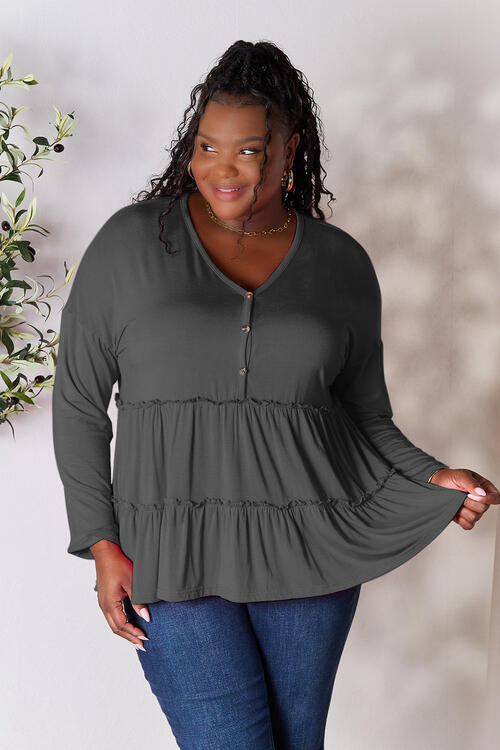 Double Take Half Button Long Sleeve Ruffle Hem Blouse BLUE ZONE PLANET