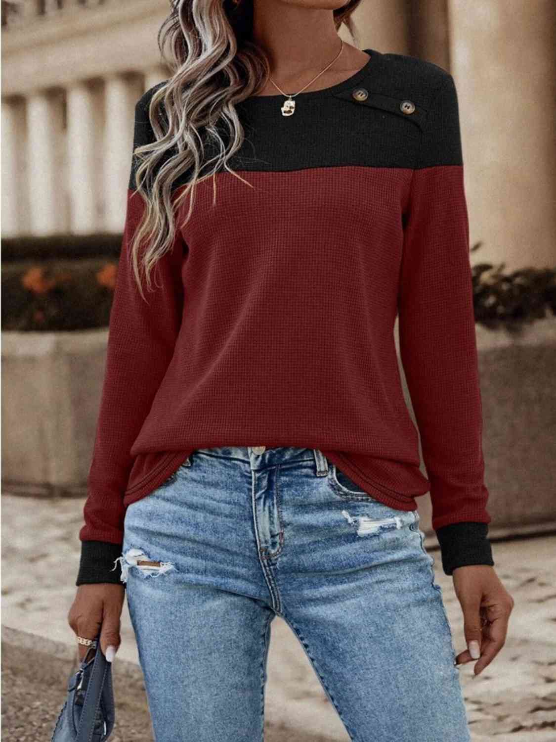 Contrast Buttoned Round Neck Long Sleeve T-Shirt BLUE ZONE PLANET