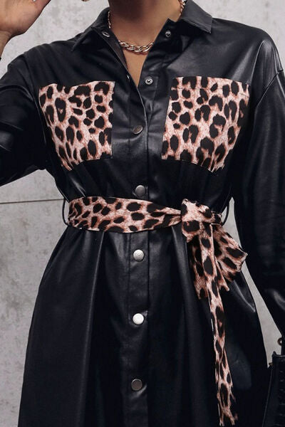 Tied Leopard Snap Down Trench Coat Trendsi