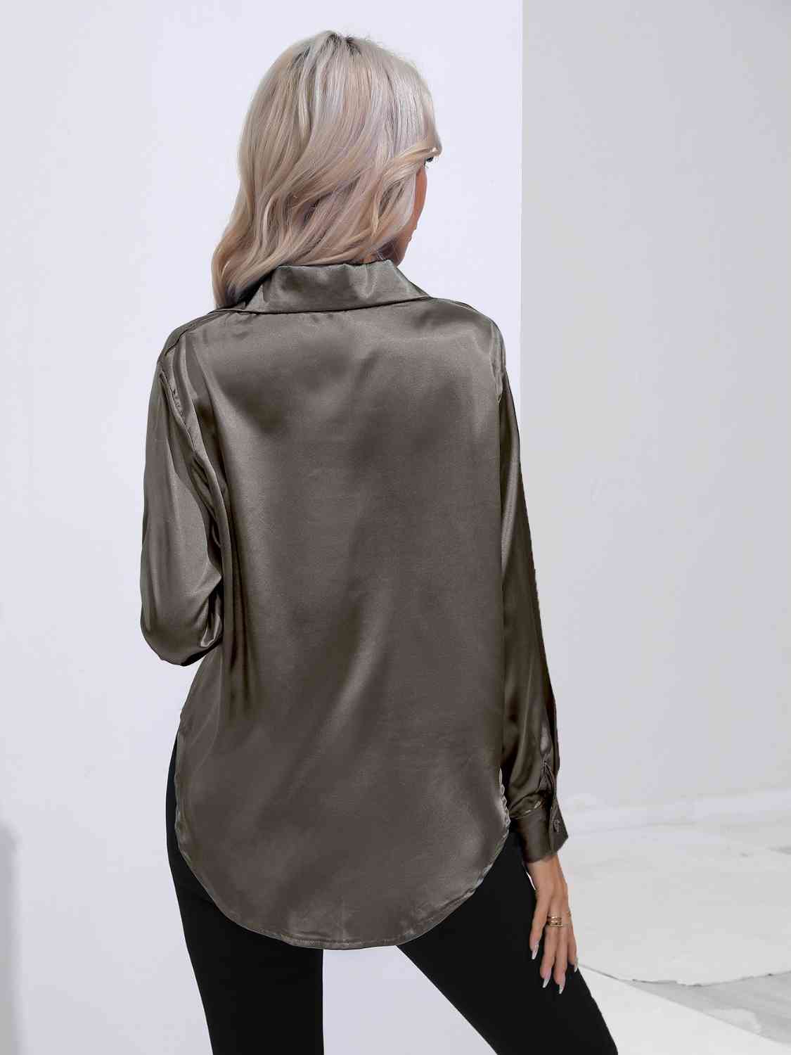 Collared Neck Buttoned Long Sleeve Shirt BLUE ZONE PLANET
