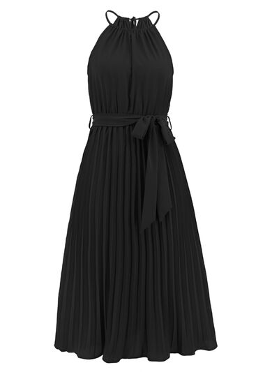 Blue Zone Planet | Pleated Spaghetti Strap Tie Waist Midi Dress BLUE ZONE PLANET