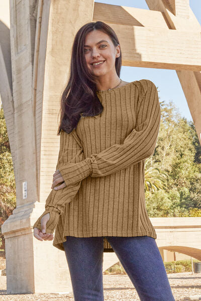 Basic Bae Full Size Ribbed Round Neck Long Sleeve Knit Top BLUE ZONE PLANET
