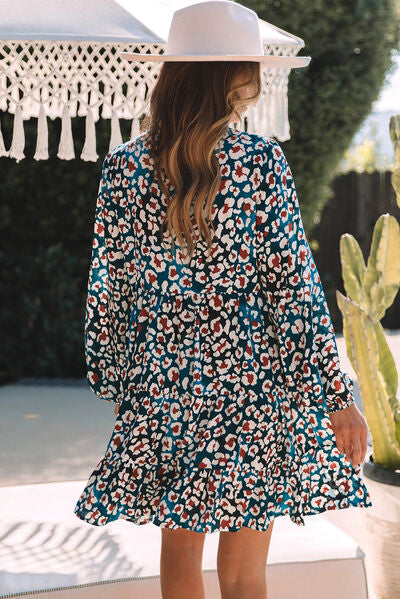 Leopard Half Button Balloon Sleeve Tiered Dress BLUE ZONE PLANET