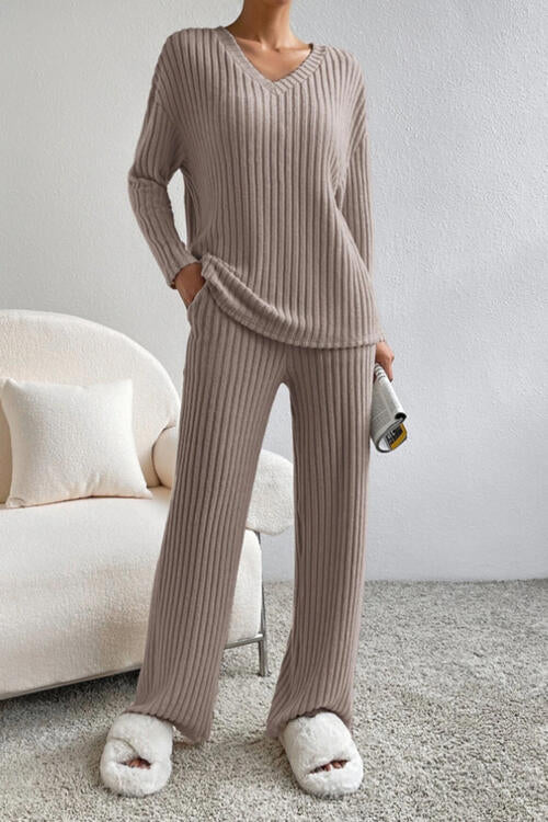 Ribbed V-Neck Top and Pants Set BLUE ZONE PLANET