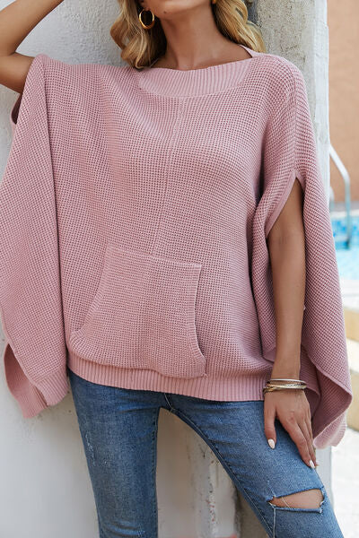 Blue Zone Planet | Waffle-Knit Pocketed Cape Sleeve Sweater BLUE ZONE PLANET