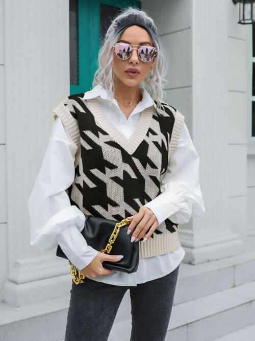 Houndstooth V-Neck Sweater Vest BLUE ZONE PLANET