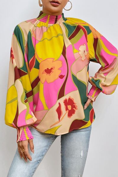 Blue Zone Planet | Floral Smocked Lantern Sleeve Mock Neck Blouse BLUE ZONE PLANET